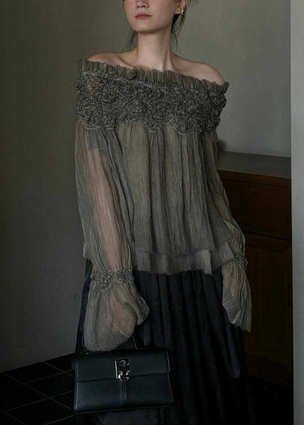 French Slash Neck Ruffled Patchwork Silk Cotton Top Fall AL1043 Genistyle Shop