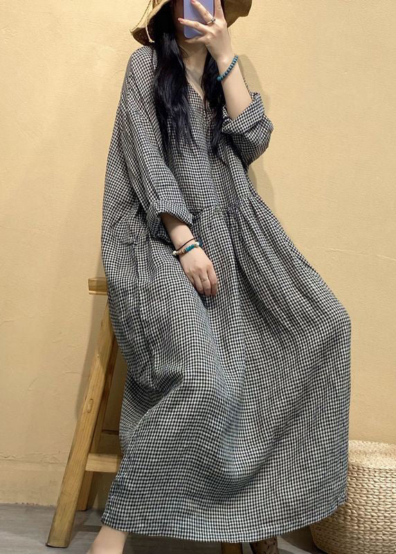 French Small Plaid V Neck Linen Long Dresses Fall AU1054 MZF-240903