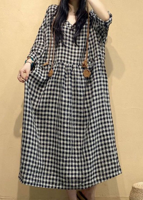 French Small Plaid V Neck Linen Long Dresses Fall AU1054 MZF-240903