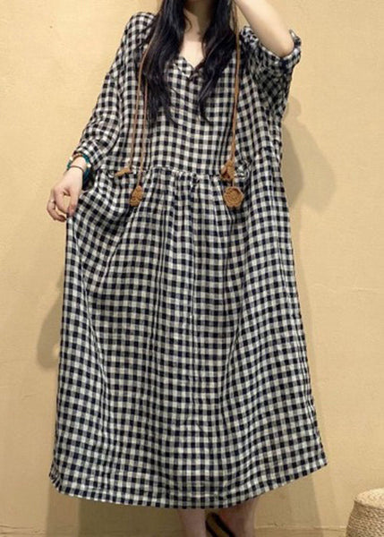 French Small Plaid V Neck Linen Long Dresses Fall AU1054 MZF-240903