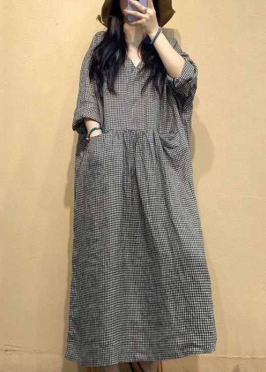 French Small Plaid V Neck Linen Long Dresses Fall AU1054 MZF-240903