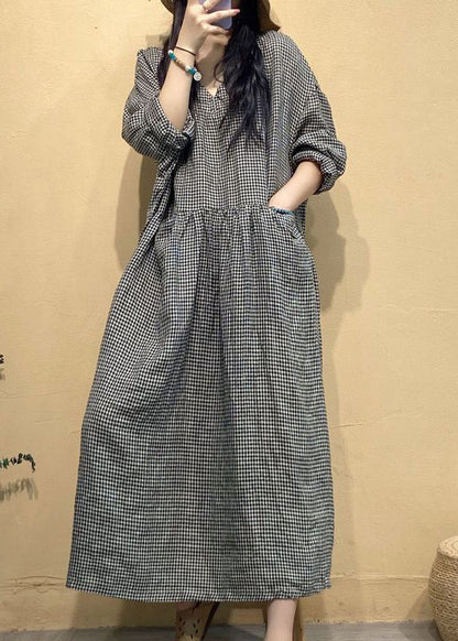 French Small Plaid V Neck Linen Long Dresses Fall AU1054 MZF-240903