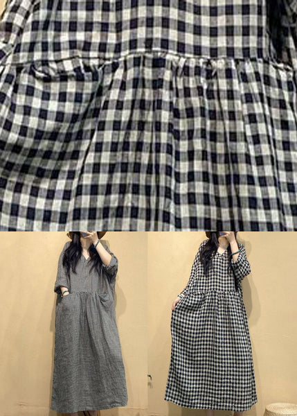 French Small Plaid V Neck Linen Long Dresses Fall AU1054 MZF-240903