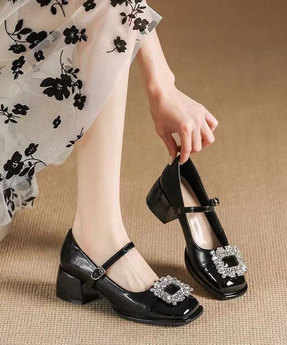 French Splicing Buckle Strap Zircon Chunky Heel Black Faux Leather DD1042 Shoe-GGX240605