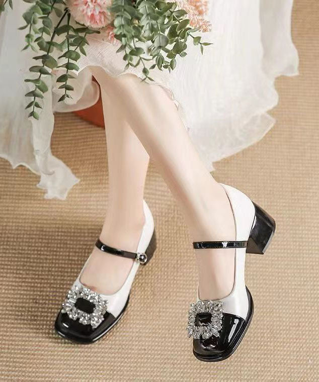 French Splicing Buckle Strap Zircon Chunky Heel Black Faux Leather DD1042 Shoe-GGX240605