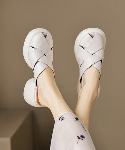 Leather Slide Sandals Splicing French Cowhide Platform White FashionChic