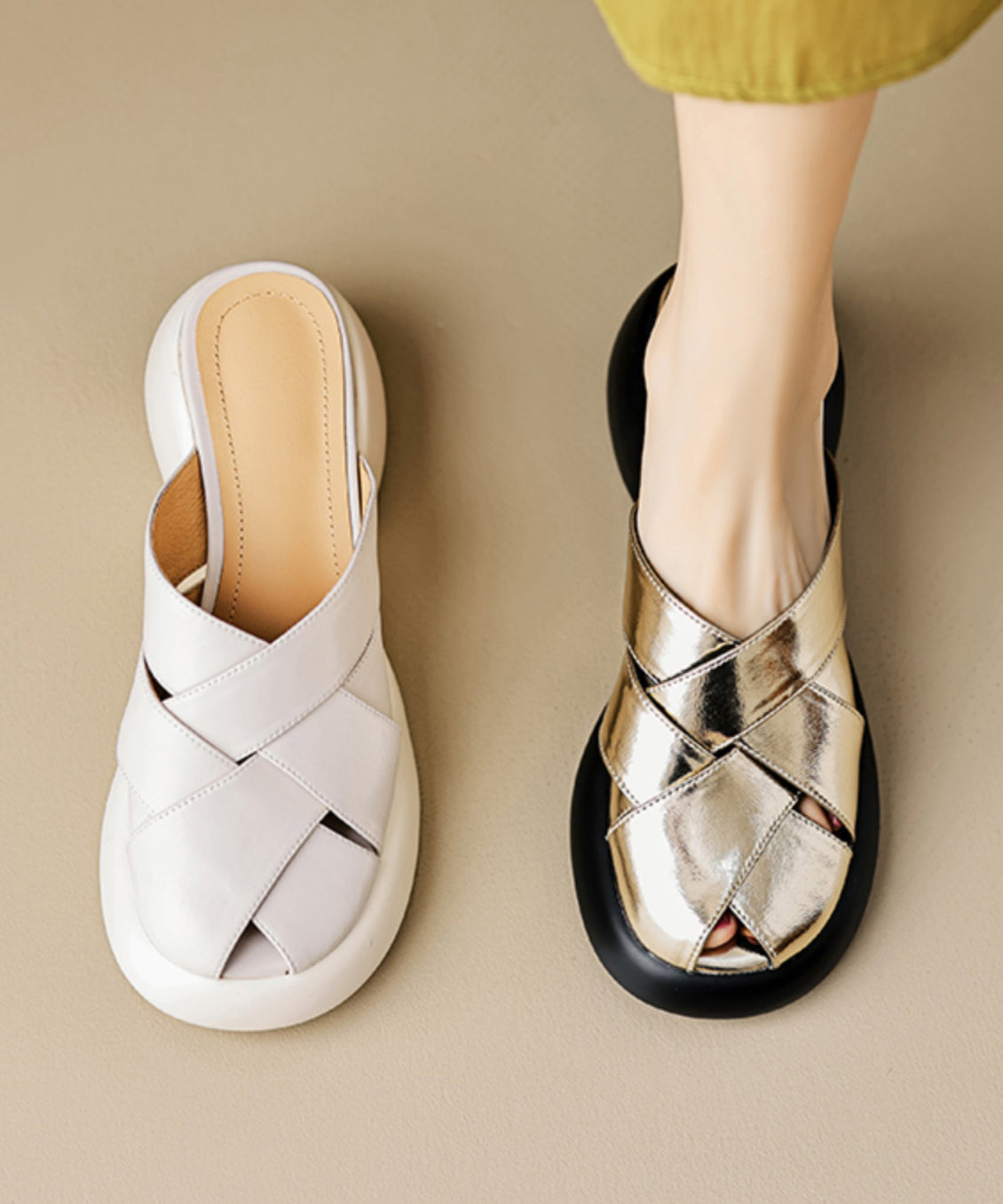 Leather Slide Sandals Splicing French Cowhide Platform White FashionChic
