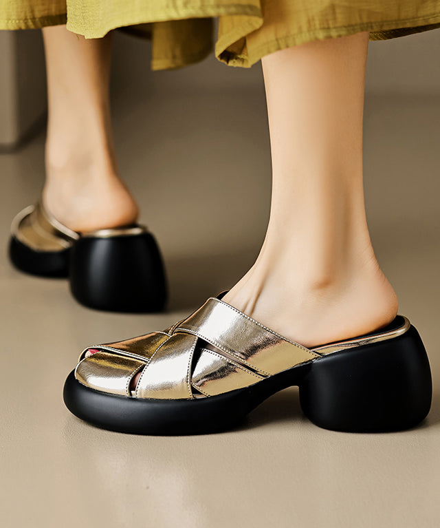 Sandals Platform Slide White Leather Cowhide French Splicing FashionChic