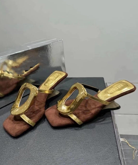 French Splicing Wedge Heels Gold Faux Leather Slide Sandals OI069 shoe-LT240801