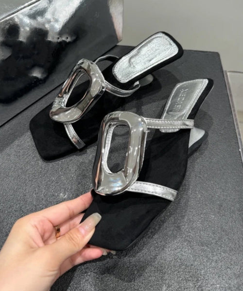 French Splicing Wedge Heels Gold Faux Leather Slide Sandals OI069 shoe-LT240801