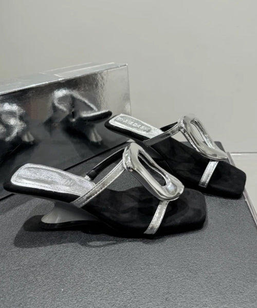 French Splicing Wedge Heels Gold Faux Leather Slide Sandals OI069 shoe-LT240801