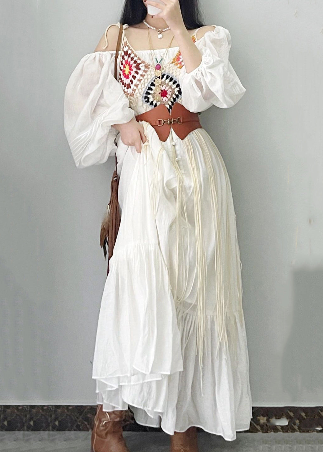 French Square Neck Bubble Sleeve White Vacation Dress ZL002 SH-LF-FDL240621