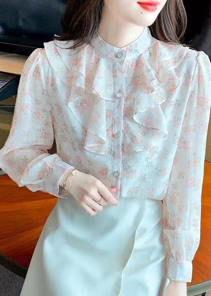 French Stand Collar Ruffled Print Chiffon Shirt Top Summer BV043 MZF-LTP240702