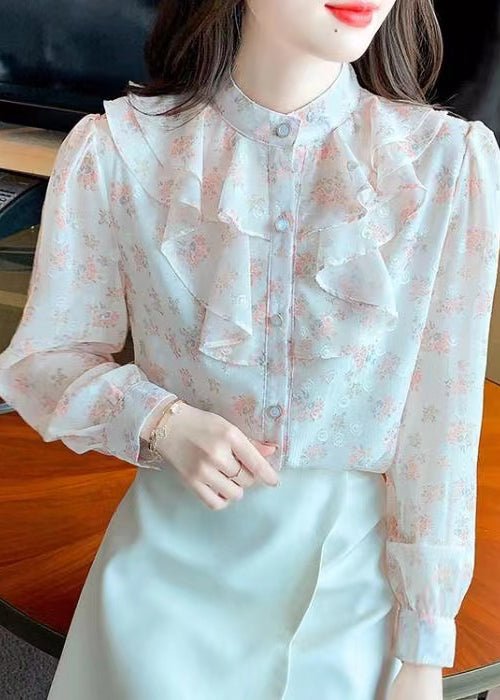 French Stand Collar Ruffled Print Chiffon Shirt Top Summer BV043 MZF-LTP240702