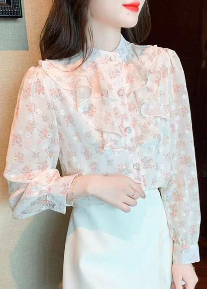 French Stand Collar Ruffled Print Chiffon Shirt Top Summer BV043 MZF-LTP240702