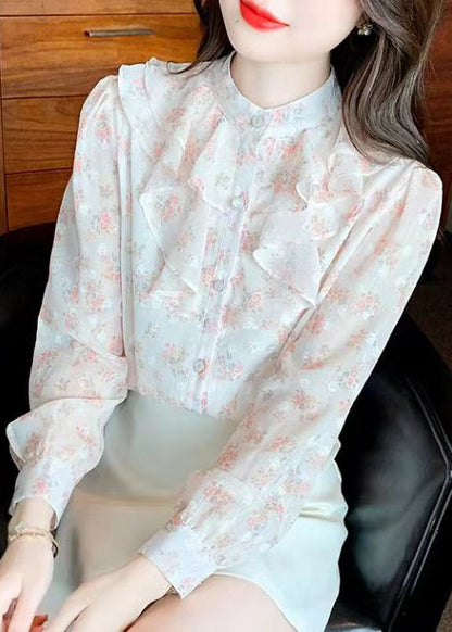 French Stand Collar Ruffled Print Chiffon Shirt Top Summer BV043 MZF-LTP240702