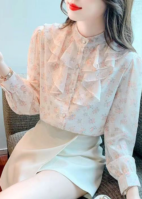 French Stand Collar Ruffled Print Chiffon Shirt Top Summer BV043 MZF-LTP240702