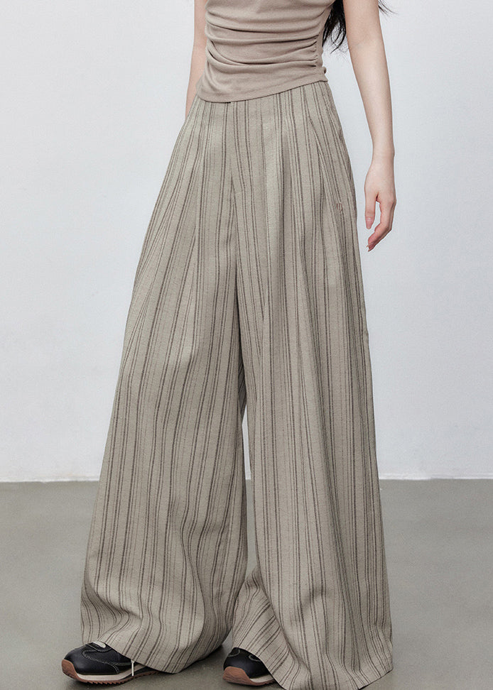 Pockets Cotton Wide Striped Pants French Button Leg Waist High FashionChic