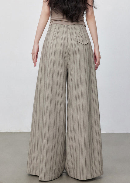 Pockets Cotton Wide Striped Pants French Button Leg Waist High FashionChic
