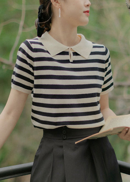 French Striped Peter Pan Collar Button Cotton Knit Top Summer TU027