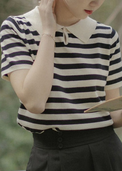 French Striped Peter Pan Collar Button Cotton Knit Top Summer TU027