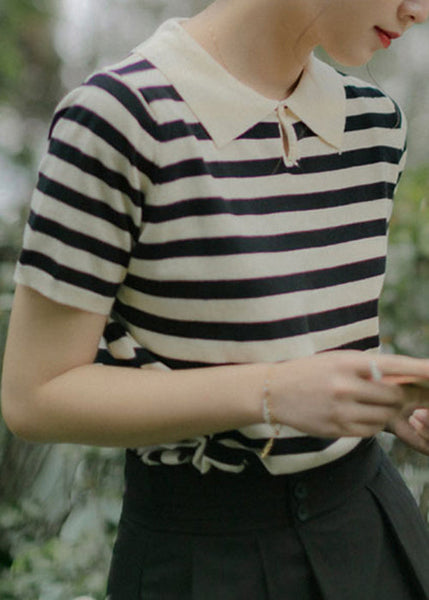 French Striped Peter Pan Collar Button Cotton Knit Top Summer TU027