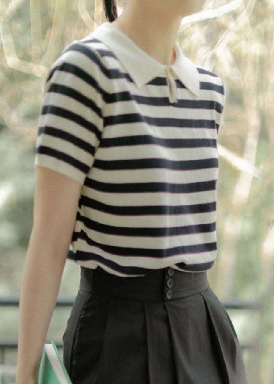 French Striped Peter Pan Collar Button Cotton Knit Top Summer TU027