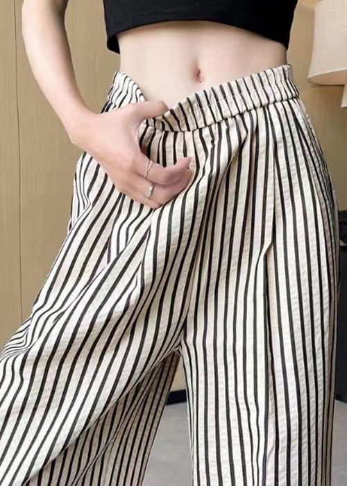 French Striped Pockets Elastic Waist Cotton Pants Summer AC1024 Genistyle Shop