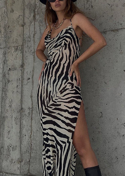 French Striped Print Side Open Cotton Spaghetti Strap Dress Sleeveless KK034 SH-LF-SDL240602