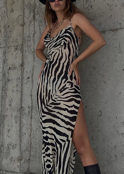 French Striped Print Side Open Cotton Spaghetti Strap Dress Sleeveless KK034 SH-LF-SDL240602