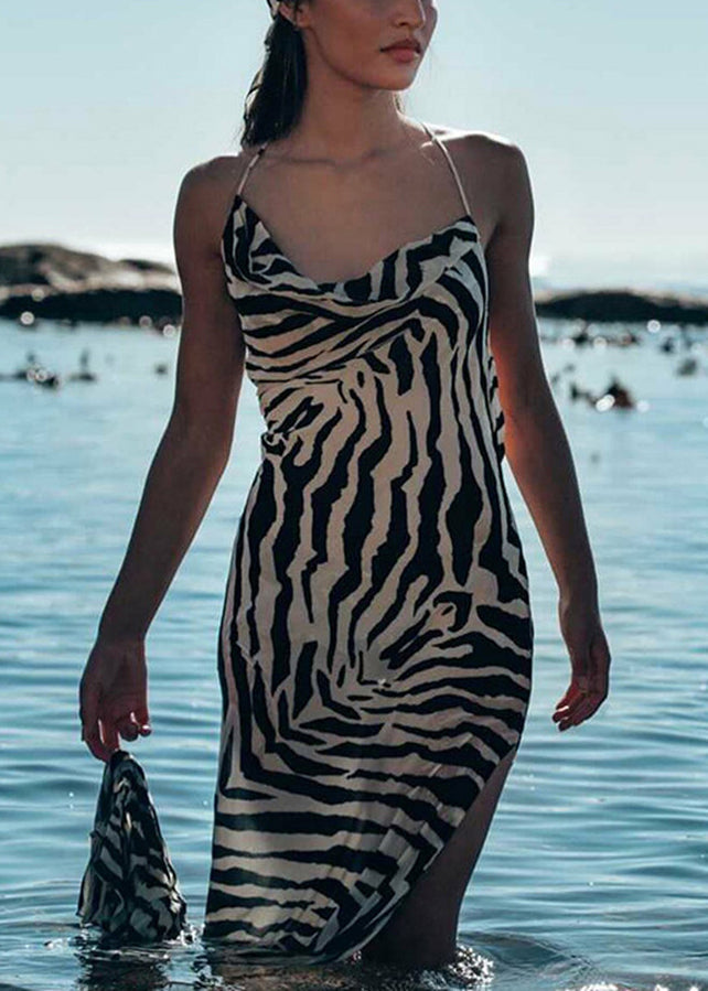 French Striped Print Side Open Cotton Spaghetti Strap Dress Sleeveless KK034 SH-LF-SDL240602