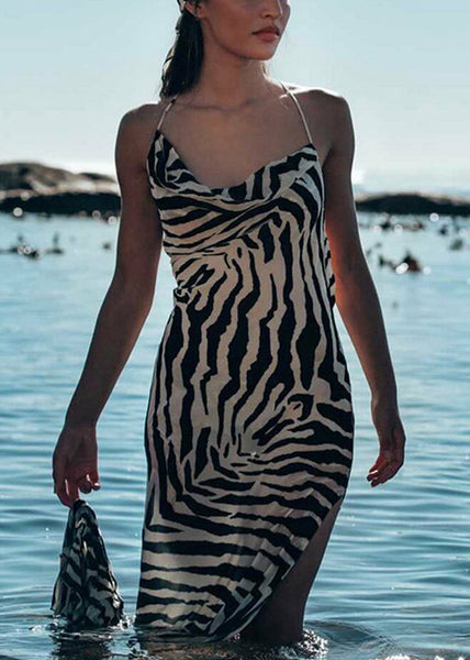 French Striped Print Side Open Cotton Spaghetti Strap Dress Sleeveless KK034 SH-LF-SDL240602