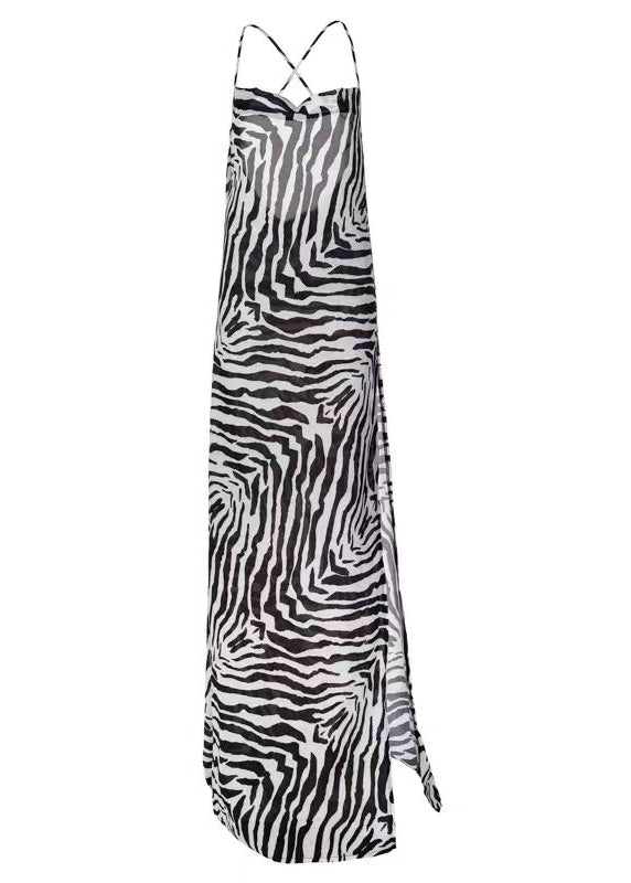 French Striped Print Side Open Cotton Spaghetti Strap Dress Sleeveless KK034 SH-LF-SDL240602