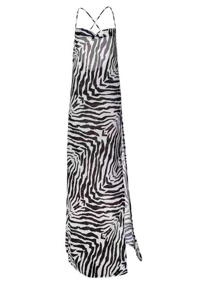 French Striped Print Side Open Cotton Spaghetti Strap Dress Sleeveless KK034 SH-LF-SDL240602