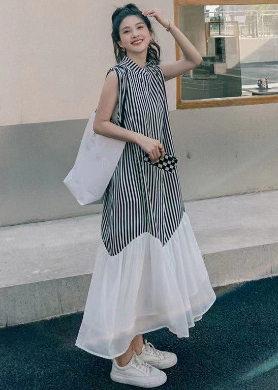 French Striped Stand Collar Patchwork Chiffon Dresses Sleeveless MN034 MMDM-SDL240704