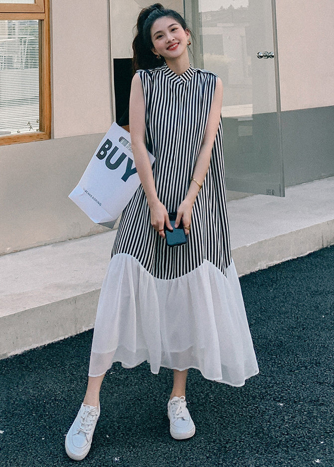 French Striped Stand Collar Patchwork Chiffon Dresses Sleeveless MN034 MMDM-SDL240704