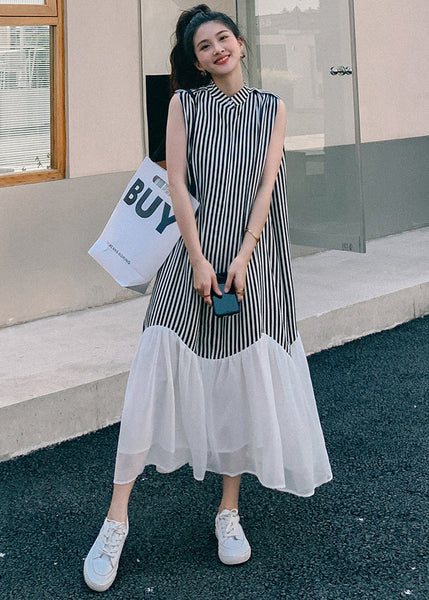 French Striped Stand Collar Patchwork Chiffon Dresses Sleeveless MN034 MMDM-SDL240704