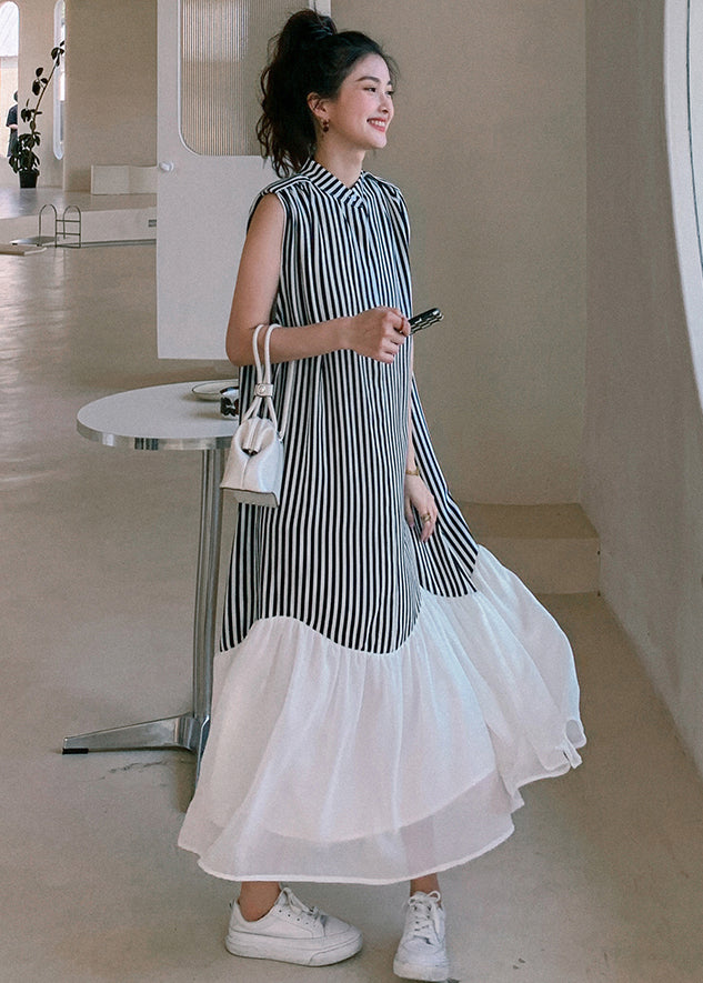 French Striped Stand Collar Patchwork Chiffon Dresses Sleeveless MN034 MMDM-SDL240704
