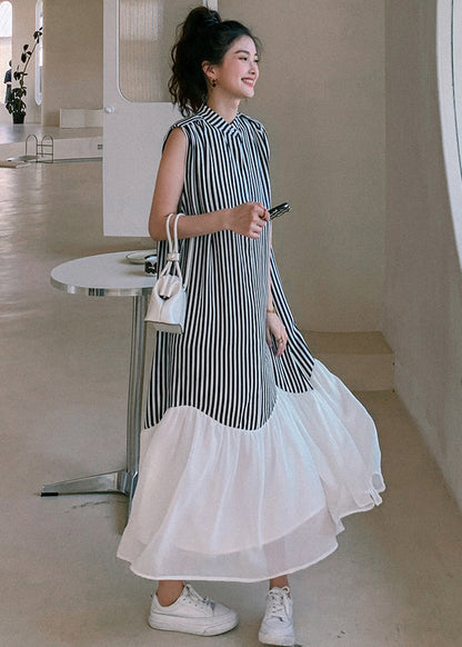 French Striped Stand Collar Patchwork Chiffon Dresses Sleeveless MN034 MMDM-SDL240704