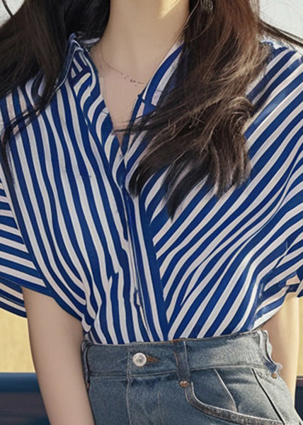 French Striped V Neck Patchwork Cotton Shirt Summer QT038 OL-STP241001