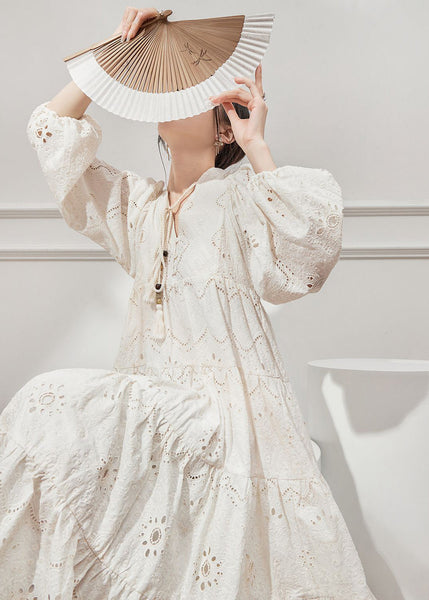 French Style Beige V Neck Hollow Out Cotton Dresses Lantern Sleeve YZ021 ABC