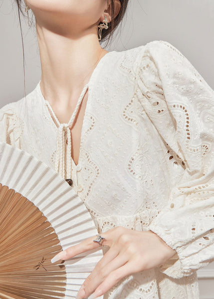 French Style Beige V Neck Hollow Out Cotton Dresses Lantern Sleeve YZ021 ABC