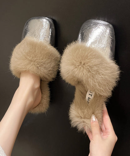 French Style Silver Slippers Shoes Splicing Fuzzy Wool Lined RX025 ABC