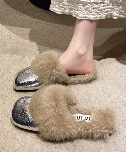 French Style Silver Slippers Shoes Splicing Fuzzy Wool Lined RX025 ABC