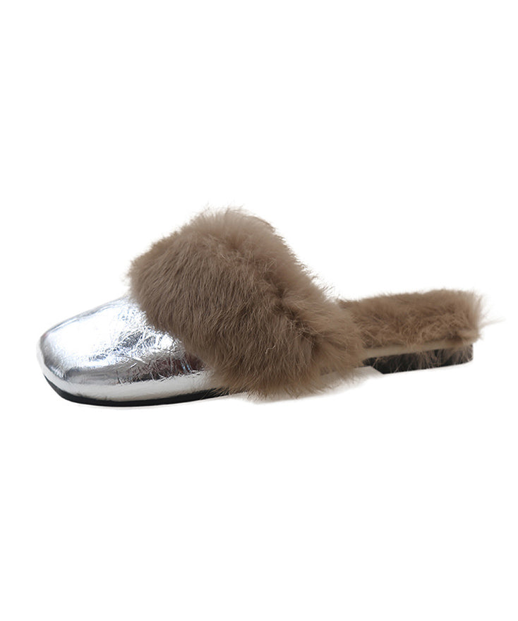 French Style Silver Slippers Shoes Splicing Fuzzy Wool Lined RX025 ABC