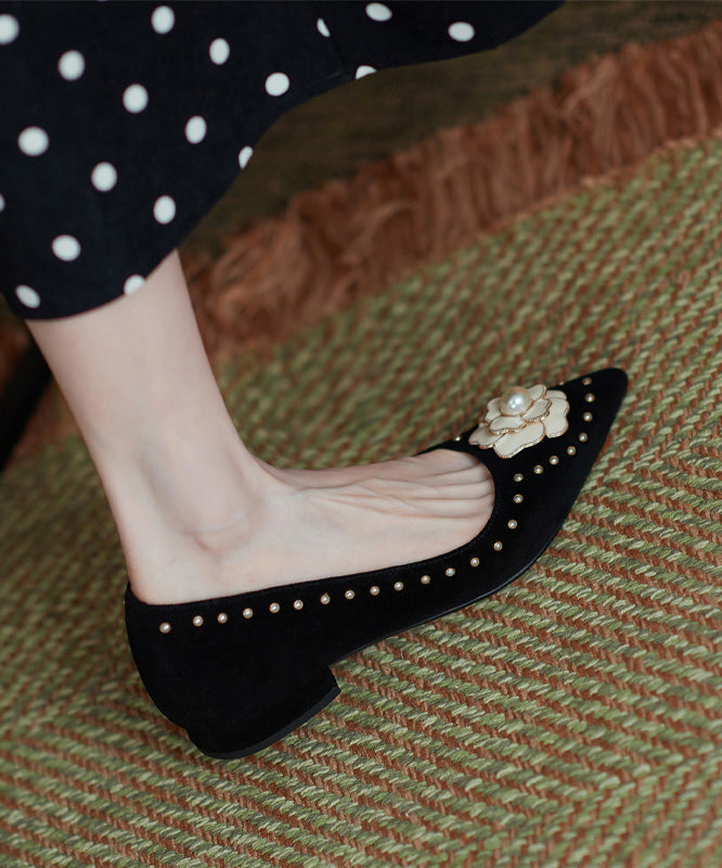 French Suede Floral Nail Bead Splicing Flat Shoes Pointed Toe QK036 shoe-PDX241013