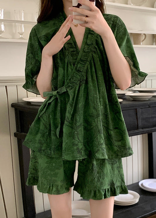 Pajama Sets Ruffled French Cotton Tea Green Print Summer FashionChic