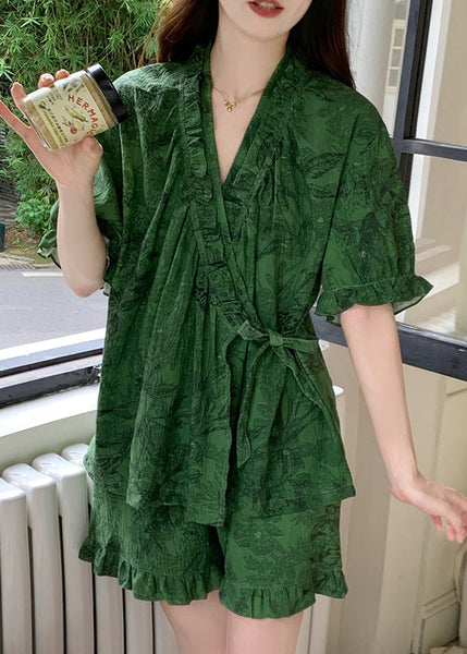 Pajama Sets Ruffled French Cotton Tea Green Print Summer FashionChic