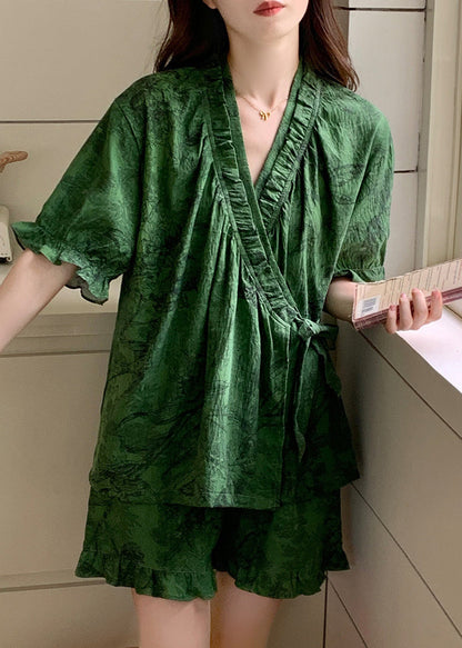 Pajama Sets Ruffled French Cotton Tea Green Print Summer FashionChic