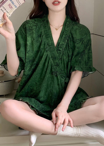 Pajama Sets Ruffled French Cotton Tea Green Print Summer FashionChic